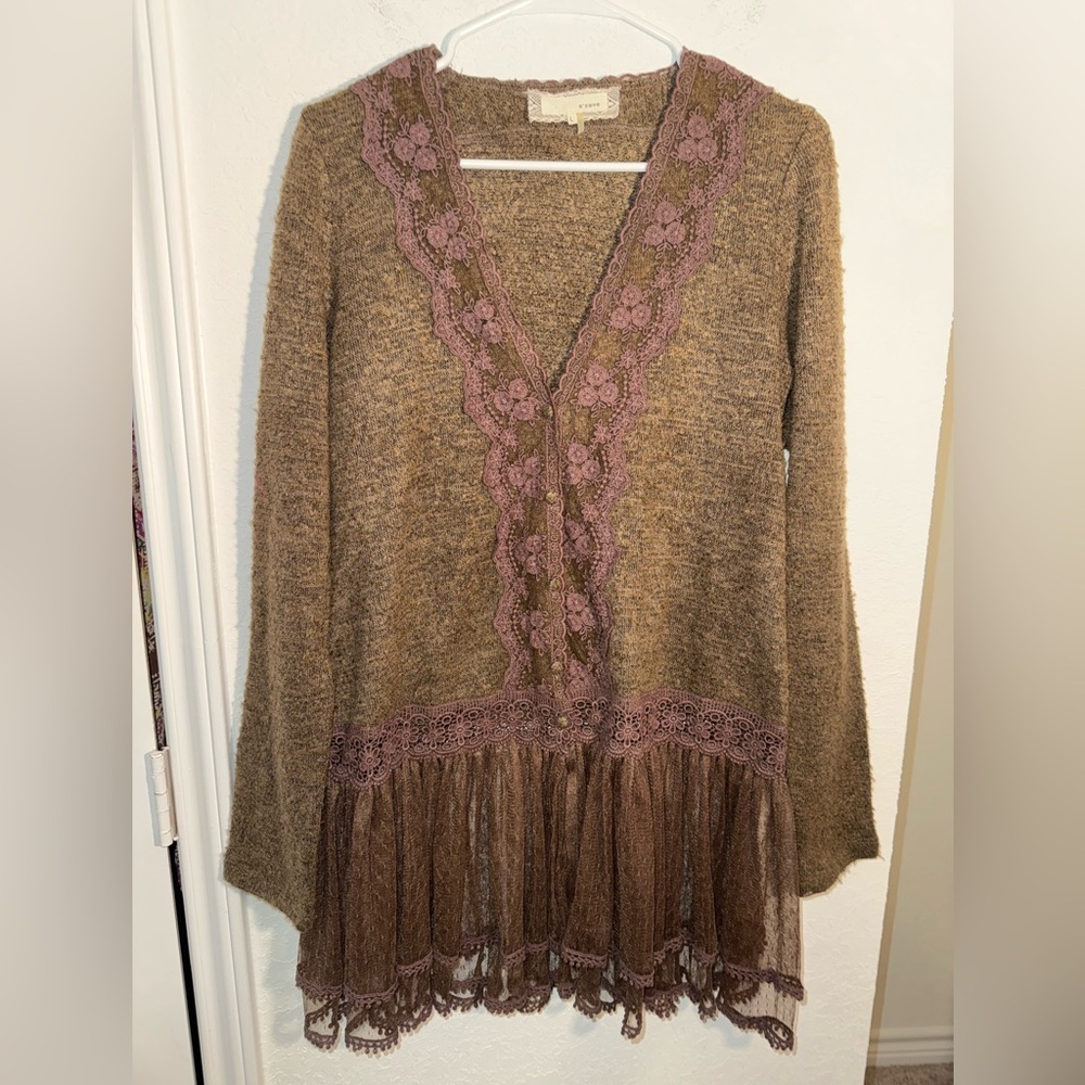 Anthropologie A’reve Boho Knit Cardigan Womens Large Brown Cottagcore Fairy RARE